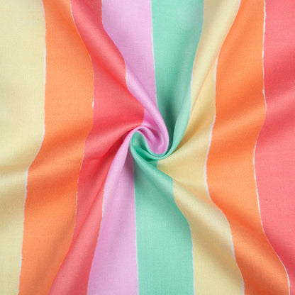 Punch Pink And Orange Stripes Pattern Digital Print Poly Glazed Cotton Fabric