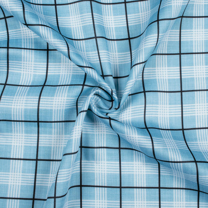Pastel Blue And Black Checks Pattern Digital Print Poly Glazed Cotton Fabric