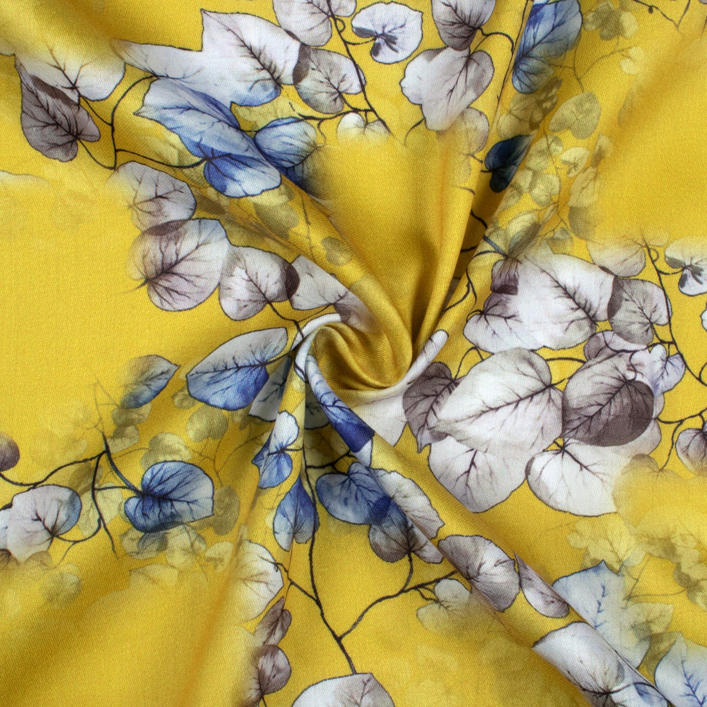 Dijon Yellow And Yale Blue Leaf Pattern Digital Print Poly Glazed Cotton Fabric