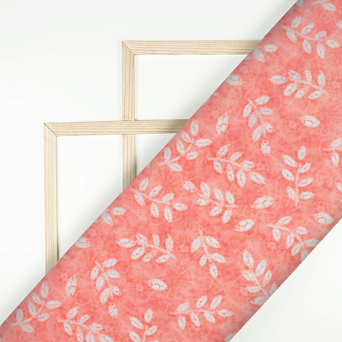Coral Pink And White Leaf Pattern Digital Print Poly Glazed Cotton Fabric