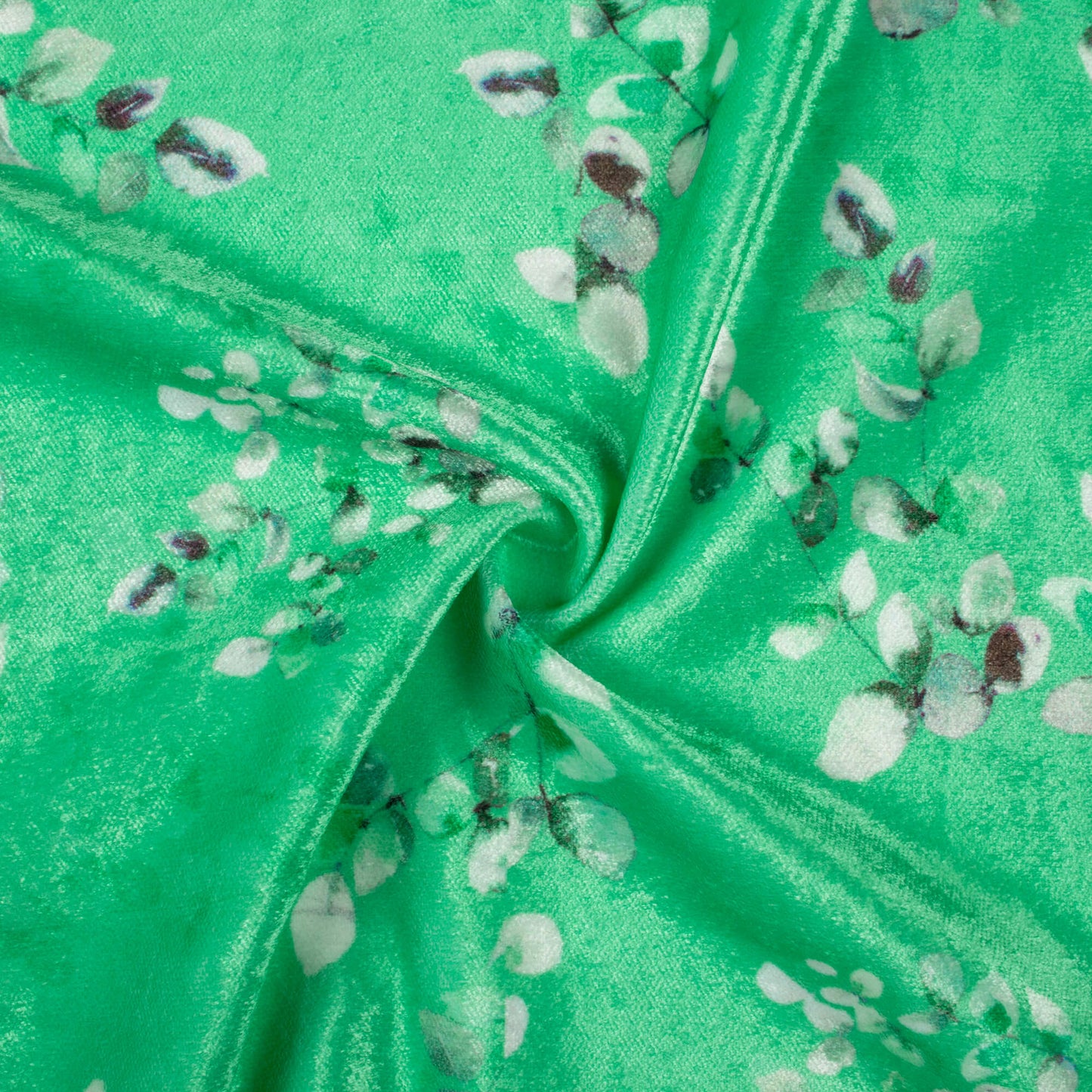 Jade Green And White Floral Pattern Digital Print Premium Velvet Fabric