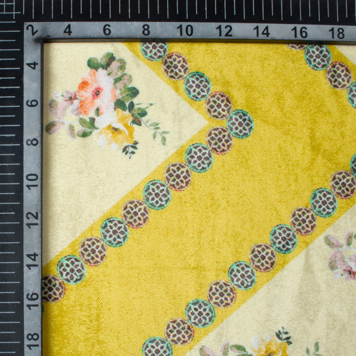 Olive Green And Pale Yellow Floral Pattern Digital Print Premium Velvet Fabric