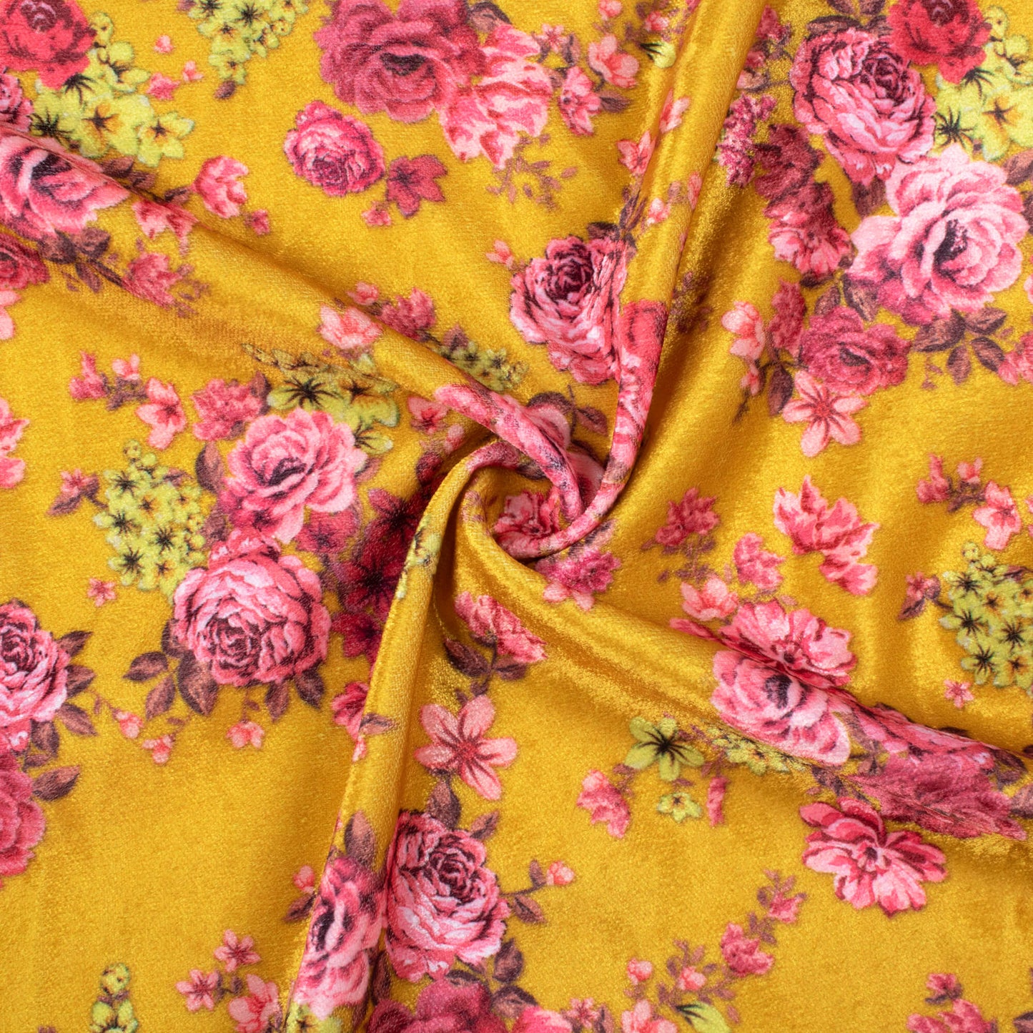 Dijon Yellow And Pink Floral Pattern Digital Print Premium Velvet Fabric