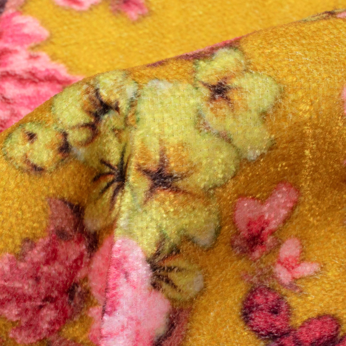 Dijon Yellow And Pink Floral Pattern Digital Print Premium Velvet Fabric