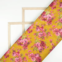Dijon Yellow And Pink Floral Pattern Digital Print Premium Velvet Fabric