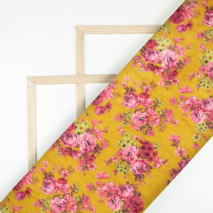 Dijon Yellow And Pink Floral Pattern Digital Print Premium Velvet Fabric