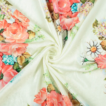 Off White And Pink Floral Pattern Digital Print Premium Velvet Fabric 