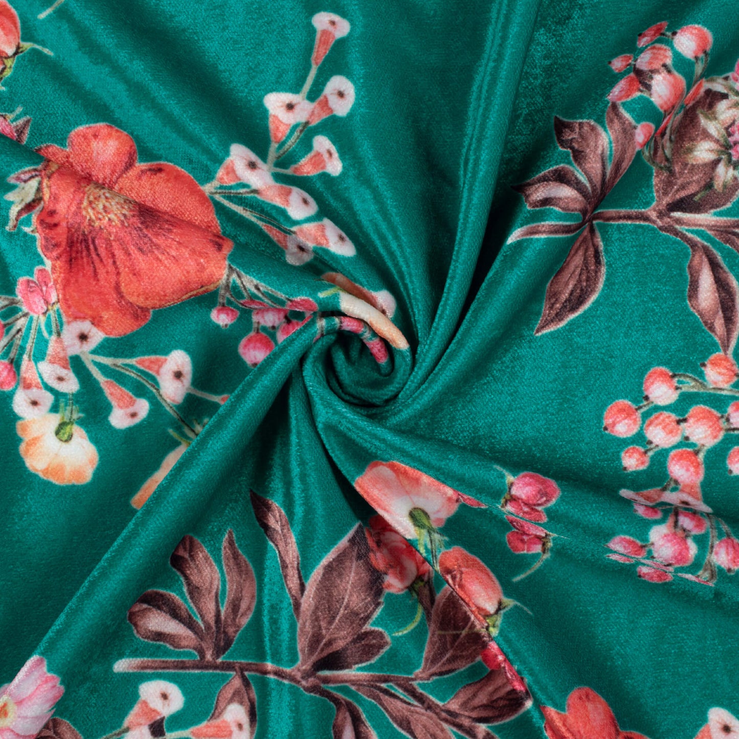 Pine Green And Pursian Red Floral Pattern Digital Print Premium Velvet Fabric 