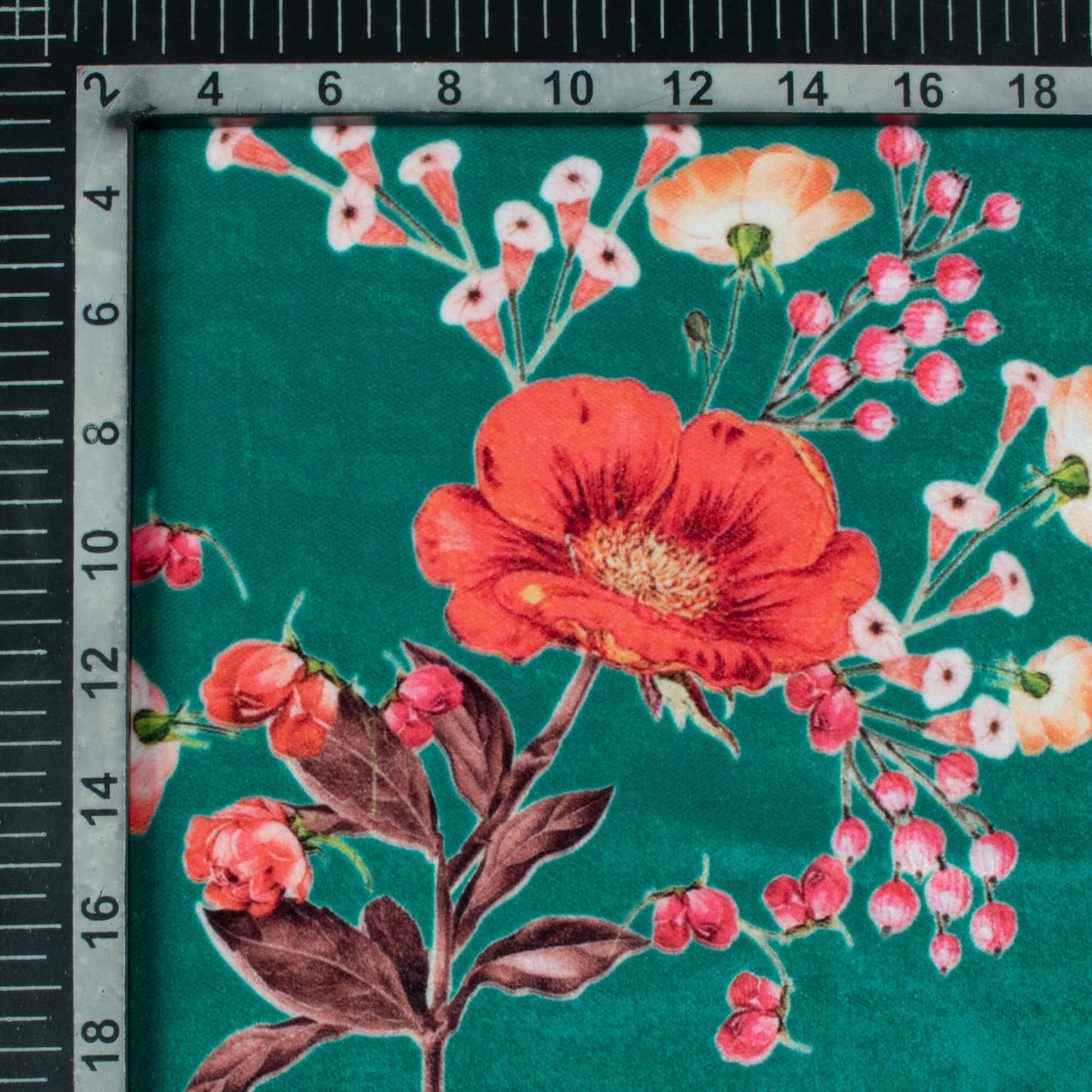 Pine Green And Pursian Red Floral Pattern Digital Print Premium Velvet Fabric 