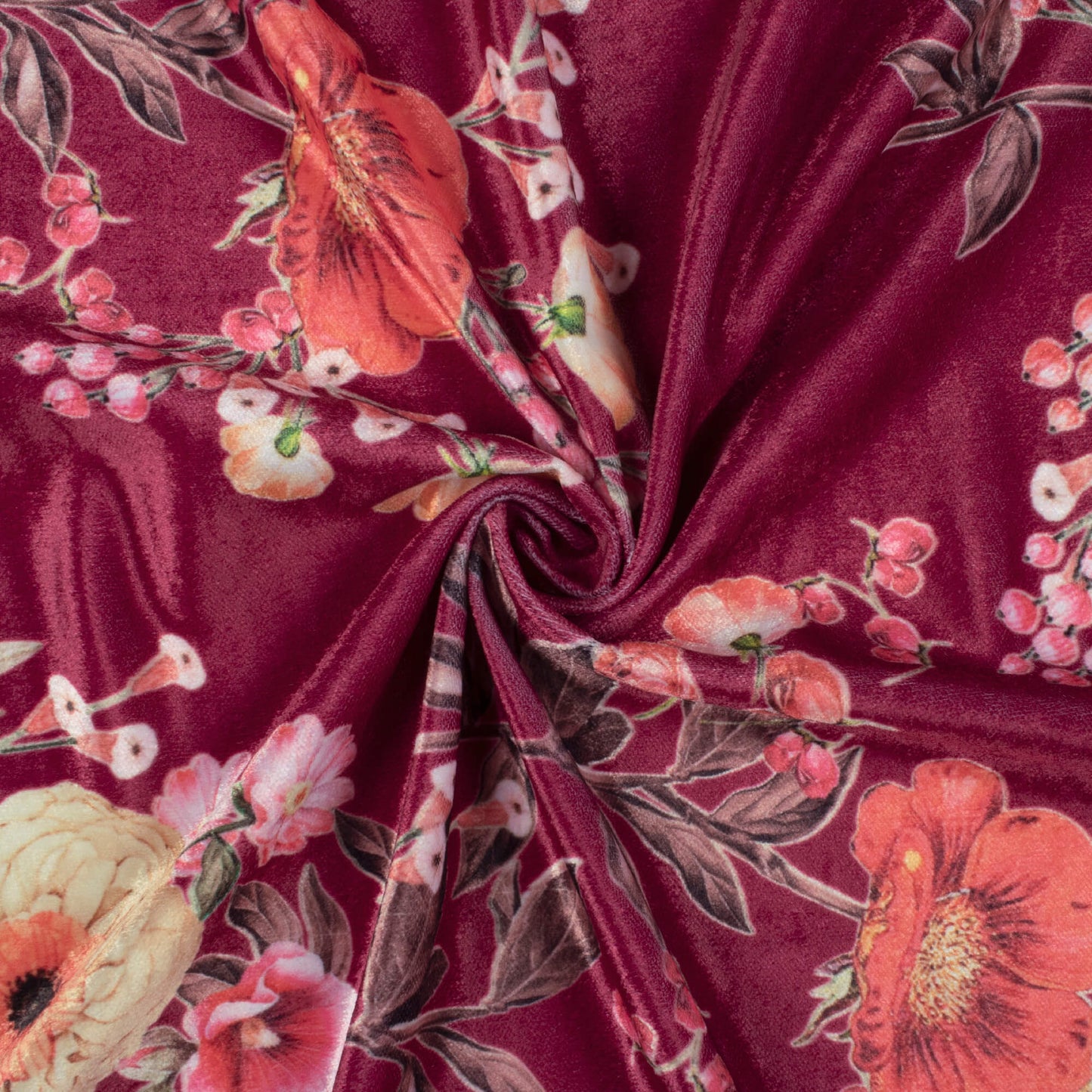 Maroon And Pursian Red Floral Pattern Digital Print Velvet Fabric 
