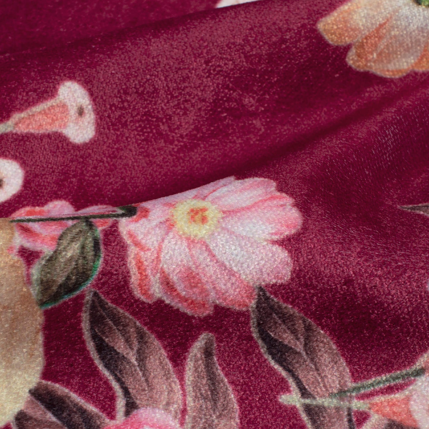 Maroon And Pursian Red Floral Pattern Digital Print Velvet Fabric 