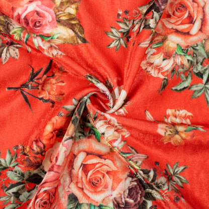 Persian Red And Peach Floral Pattern Digital Print Premium Velvet Fabric