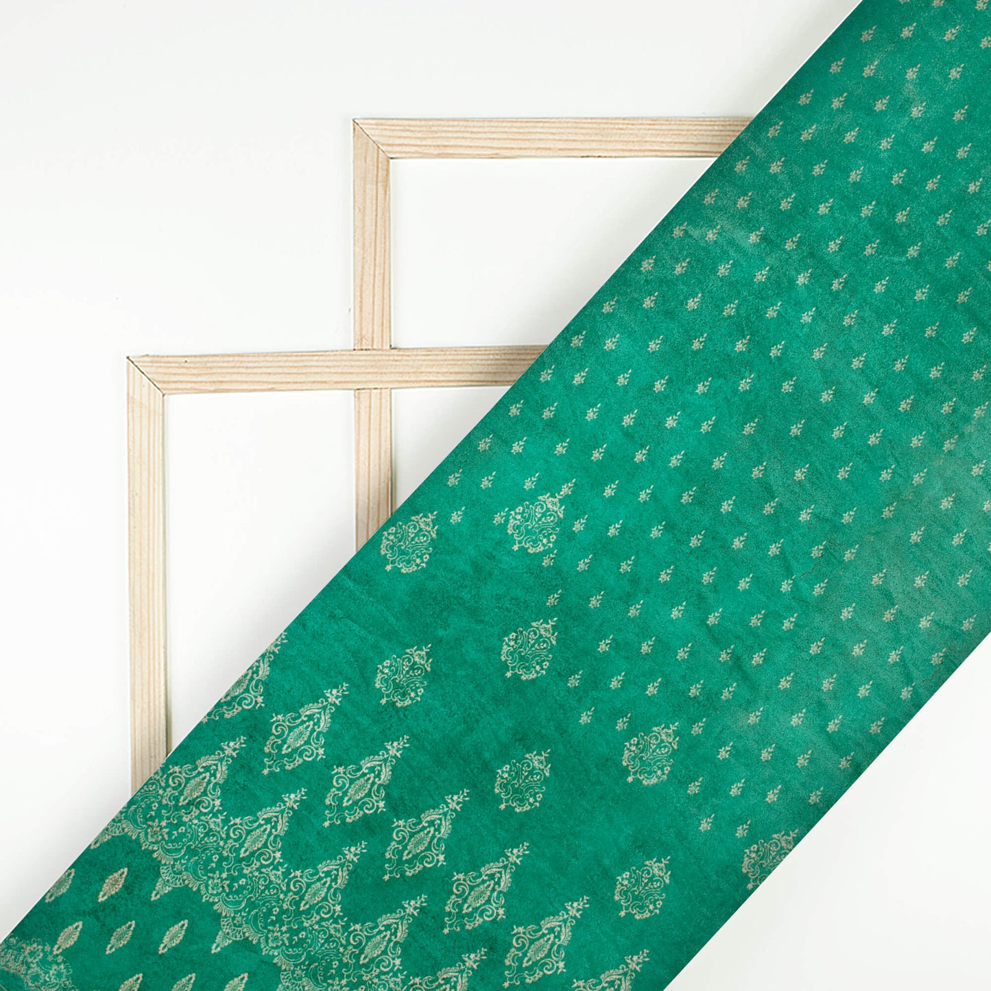 Dark Green And Beige Cream Daman Pattern Digital Print Premium Velvet Fabric 