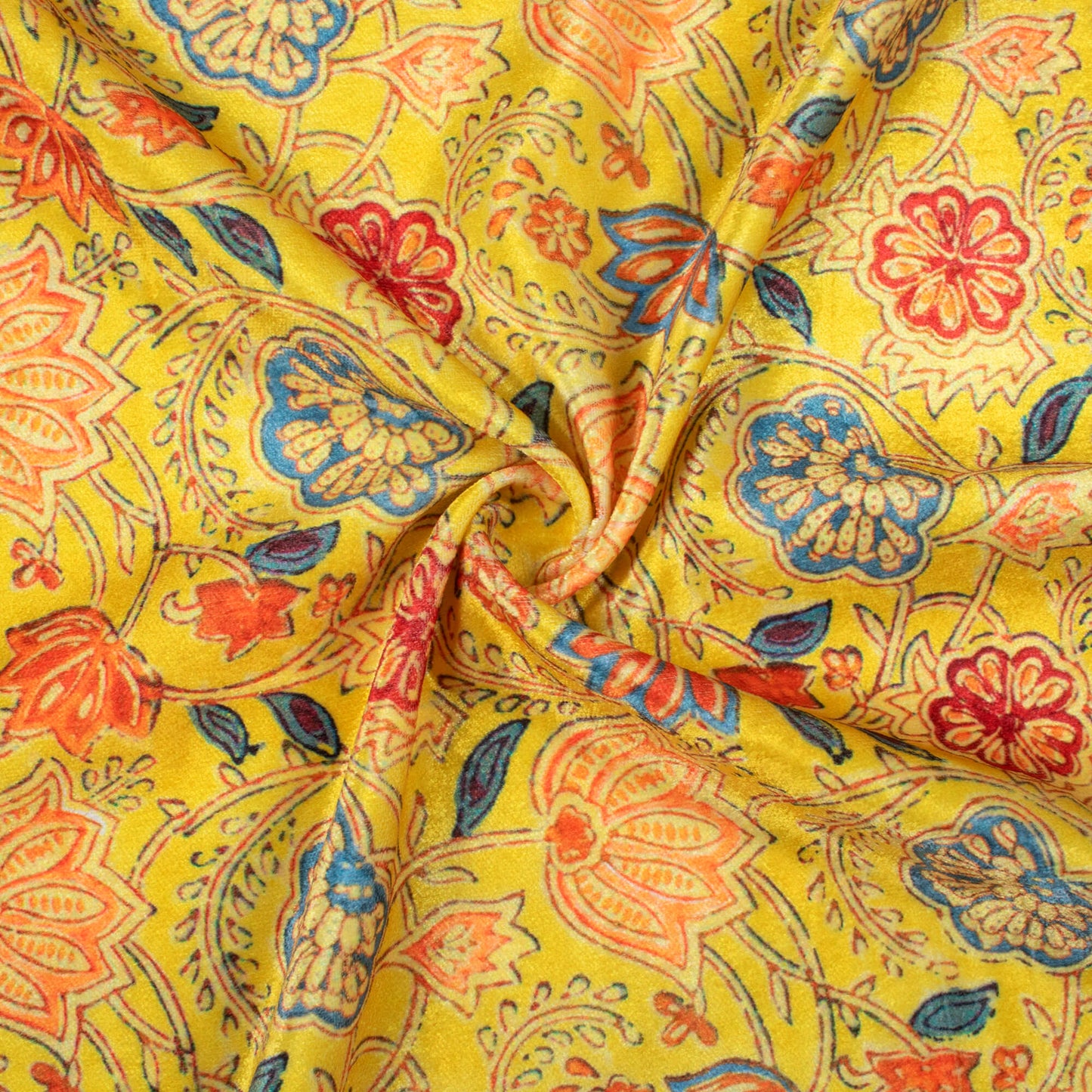 Medallion Yellow And Red Floral Pattern Digital Print Premium Velvet Fabric