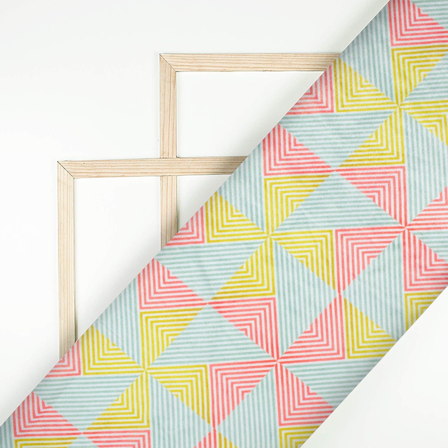 Cadet Blue And Watermelon Pink Geometric Pattern Digital Print Premium Velvet Fabric