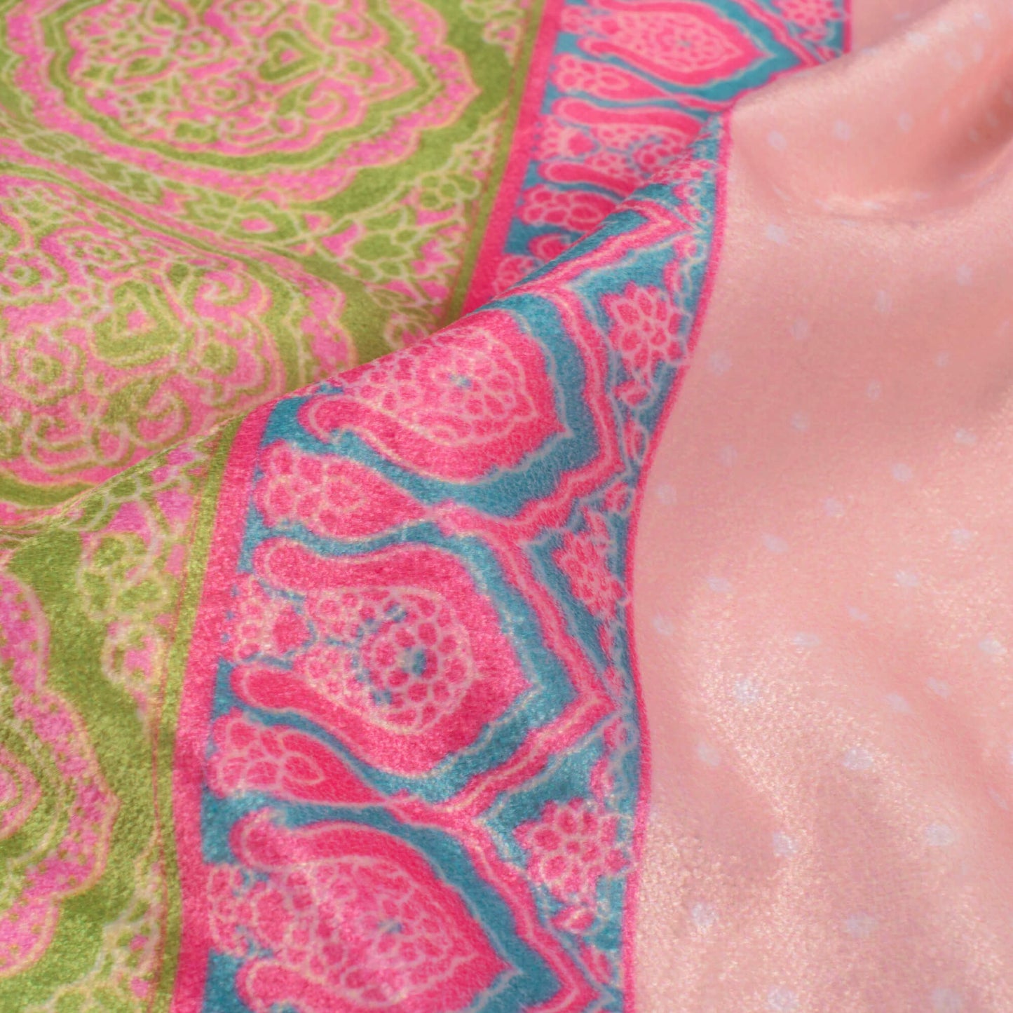 Light Salmon Pink And Avocado Green Daman Pattern Digital Print Premium Velvet Fabric 