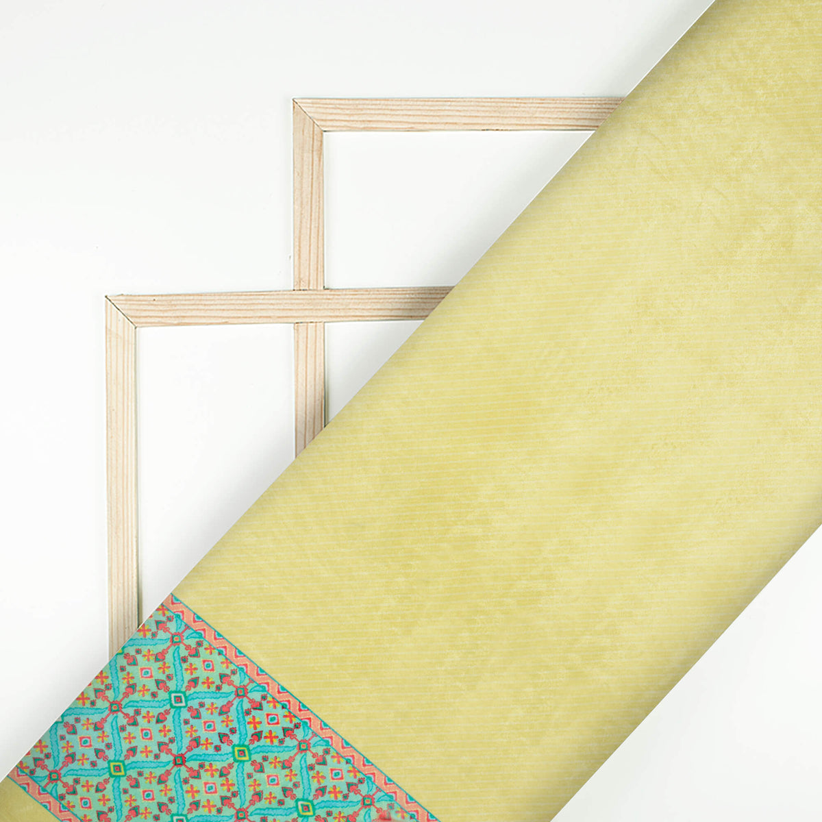 Banana Yellow And Pastel Green Daman Pattern Digital Print Premium Velvet Fabric 