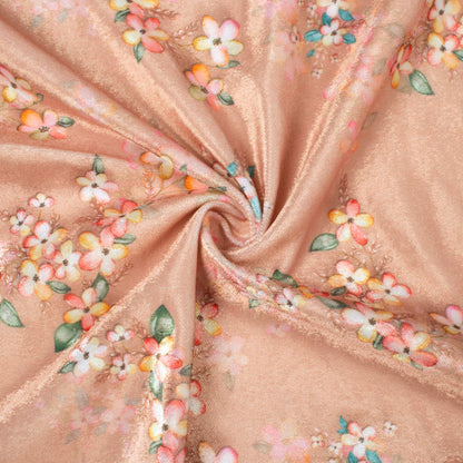 Peach And Cream Floral Pattern Digital Print Premium Velvet Fabric