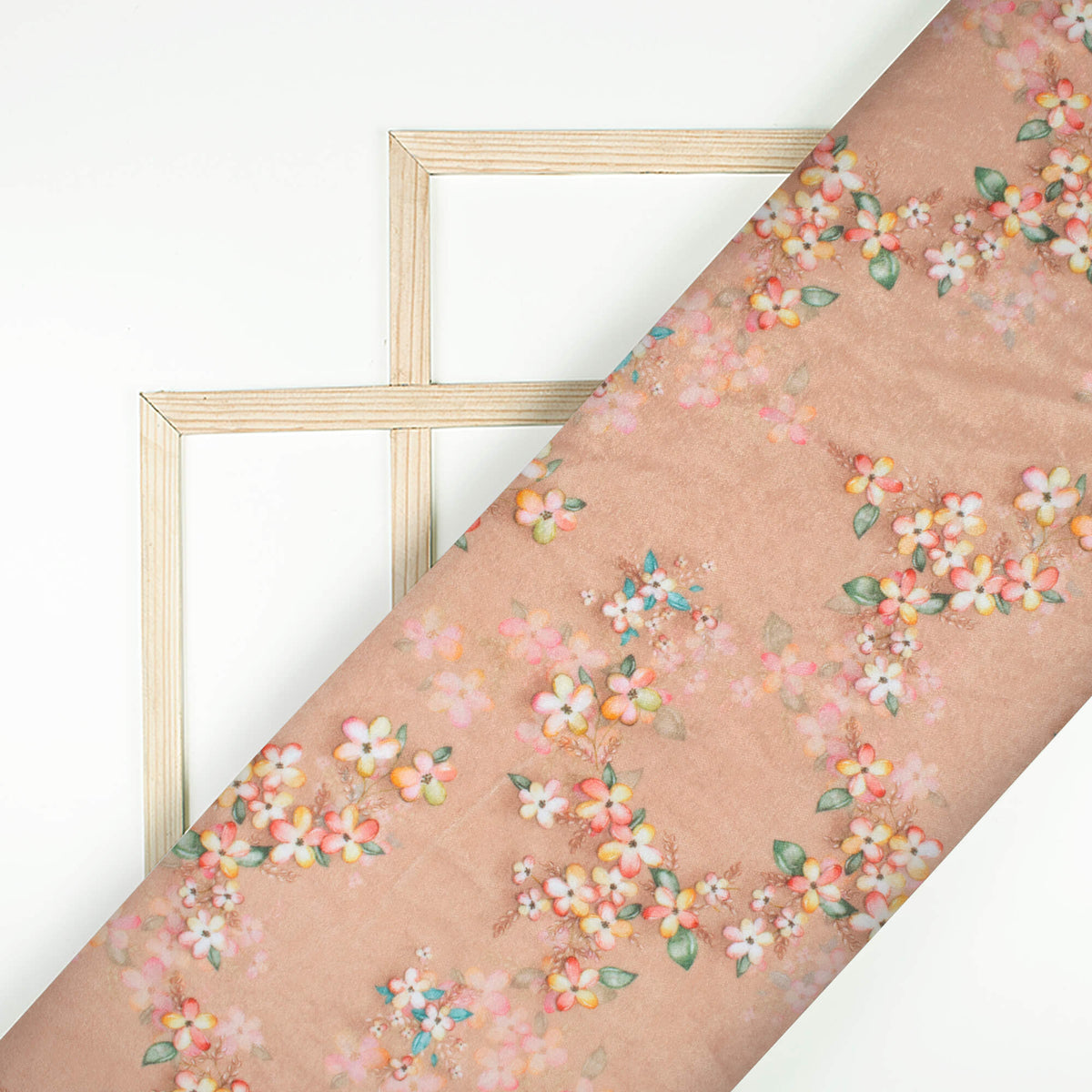 Peach And Cream Floral Pattern Digital Print Premium Velvet Fabric