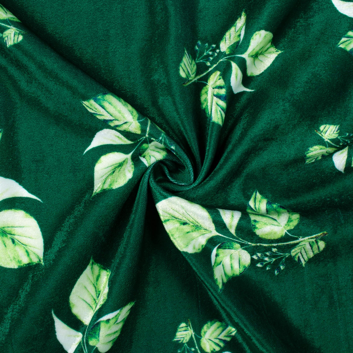 Forest Green Leaf Pattern Digital Print Premium Velvet Fabric