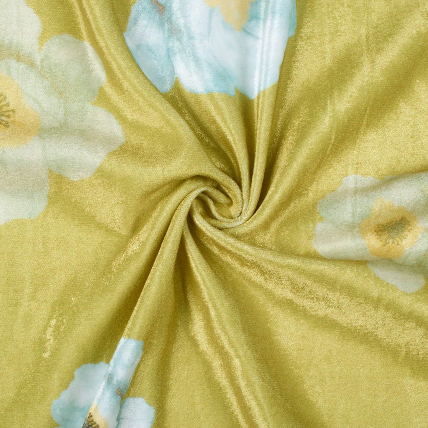 Olive Green And Pastel Blue Floral Pattern Digital Print Premium Velvet Fabric