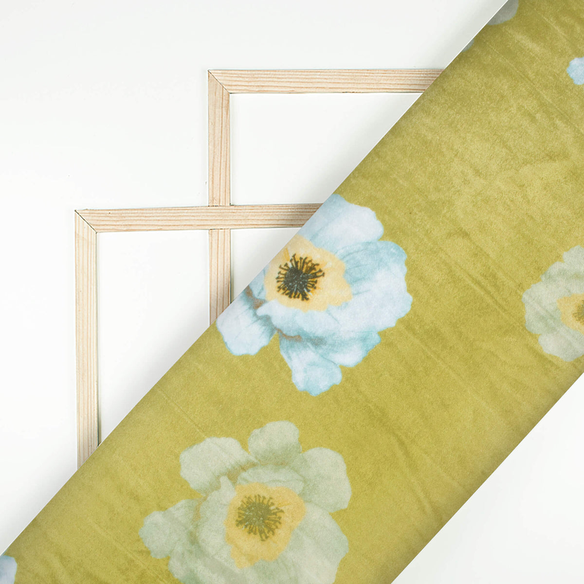 Olive Green And Pastel Blue Floral Pattern Digital Print Premium Velvet Fabric