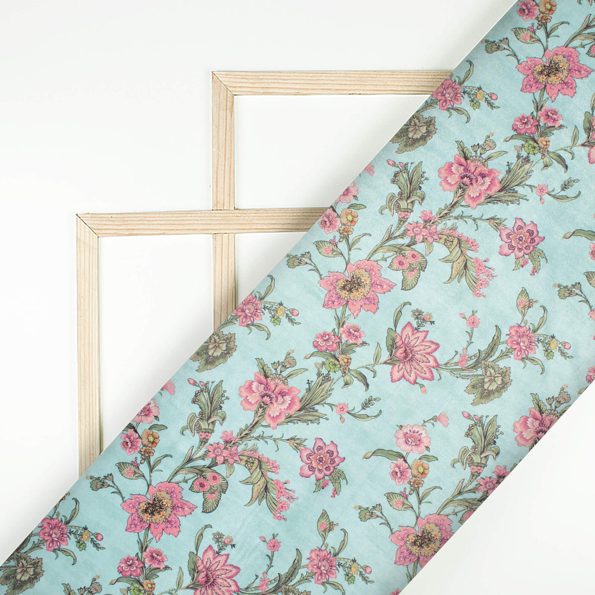 Iceberg Blue And Taffy Pink Floral Pattern Digital Print Velvet Fabric