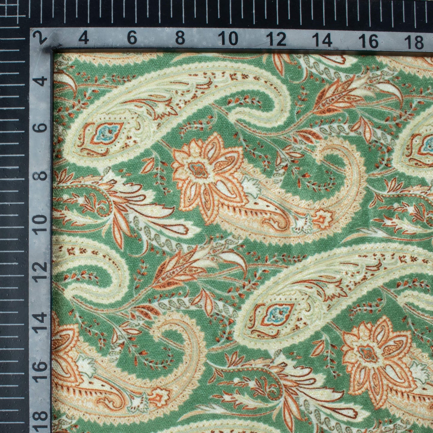 Mid Green And Orange Paisley Pattern Digital Print Premium Velvet Fabric