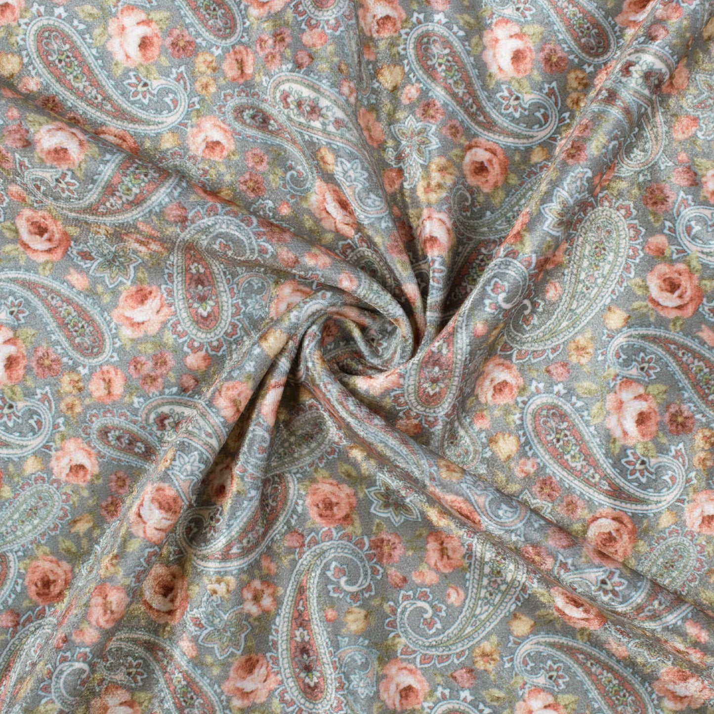 Pewter Blue And Pretty Orange Floral Pattern Digital Print Premium Velvet Fabric