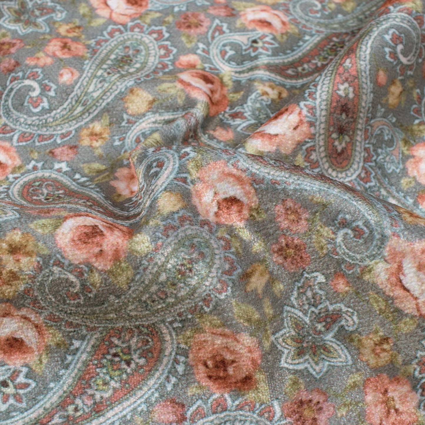 Pewter Blue And Pretty Orange Floral Pattern Digital Print Premium Velvet Fabric