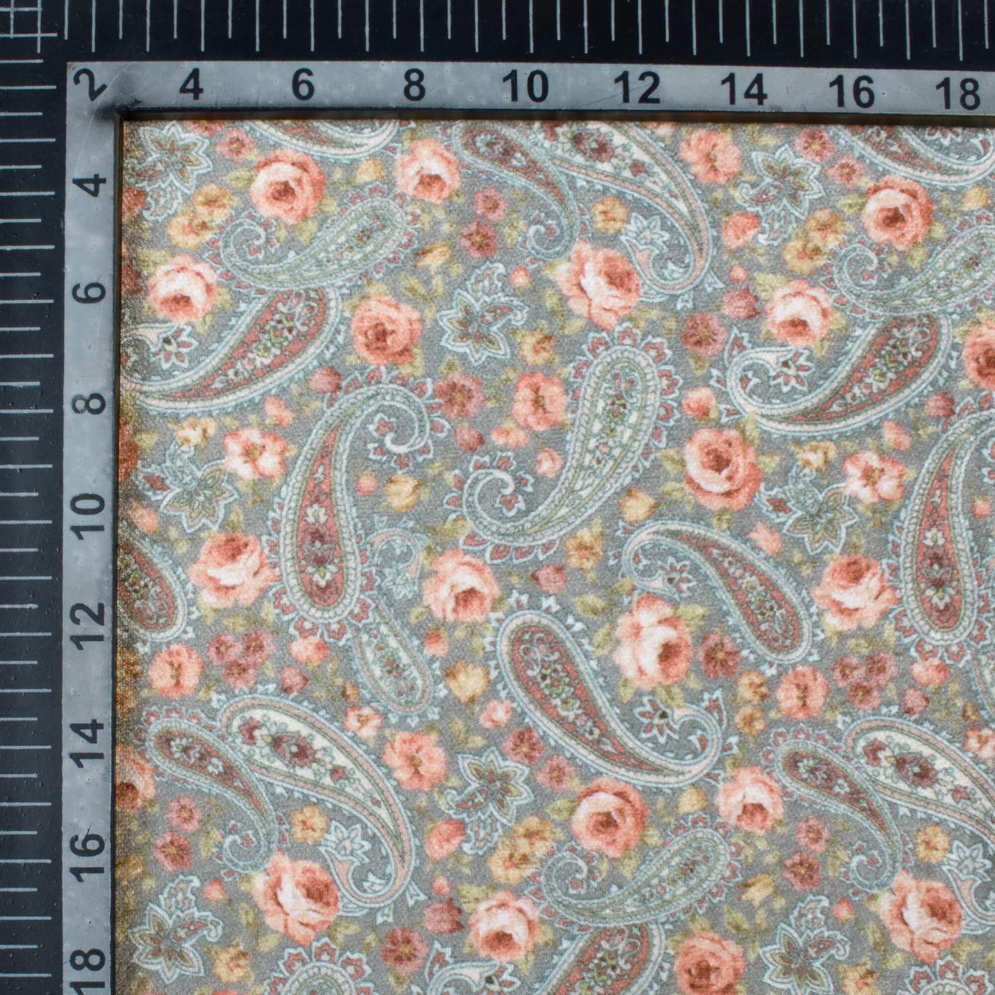 Pewter Blue And Pretty Orange Floral Pattern Digital Print Premium Velvet Fabric