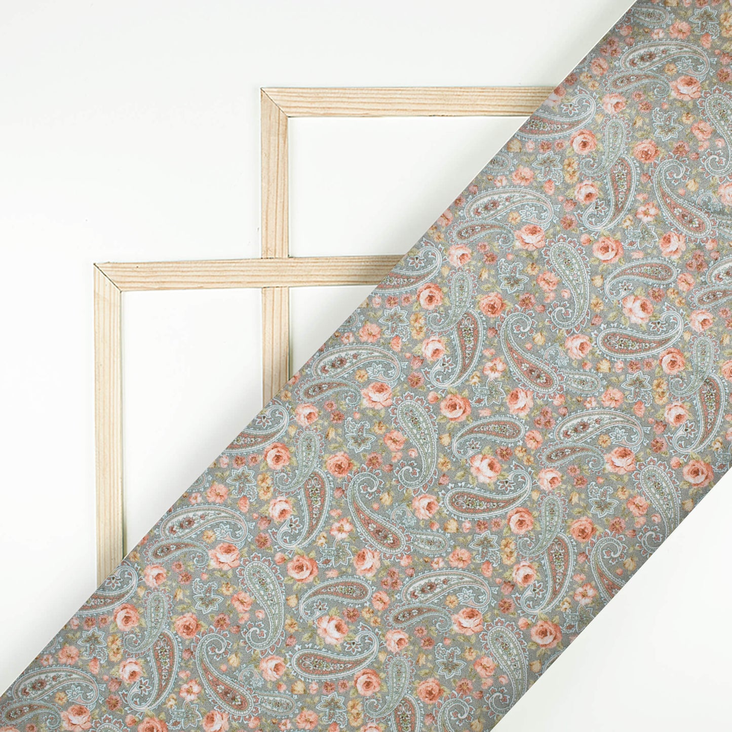 Pewter Blue And Pretty Orange Floral Pattern Digital Print Premium Velvet Fabric