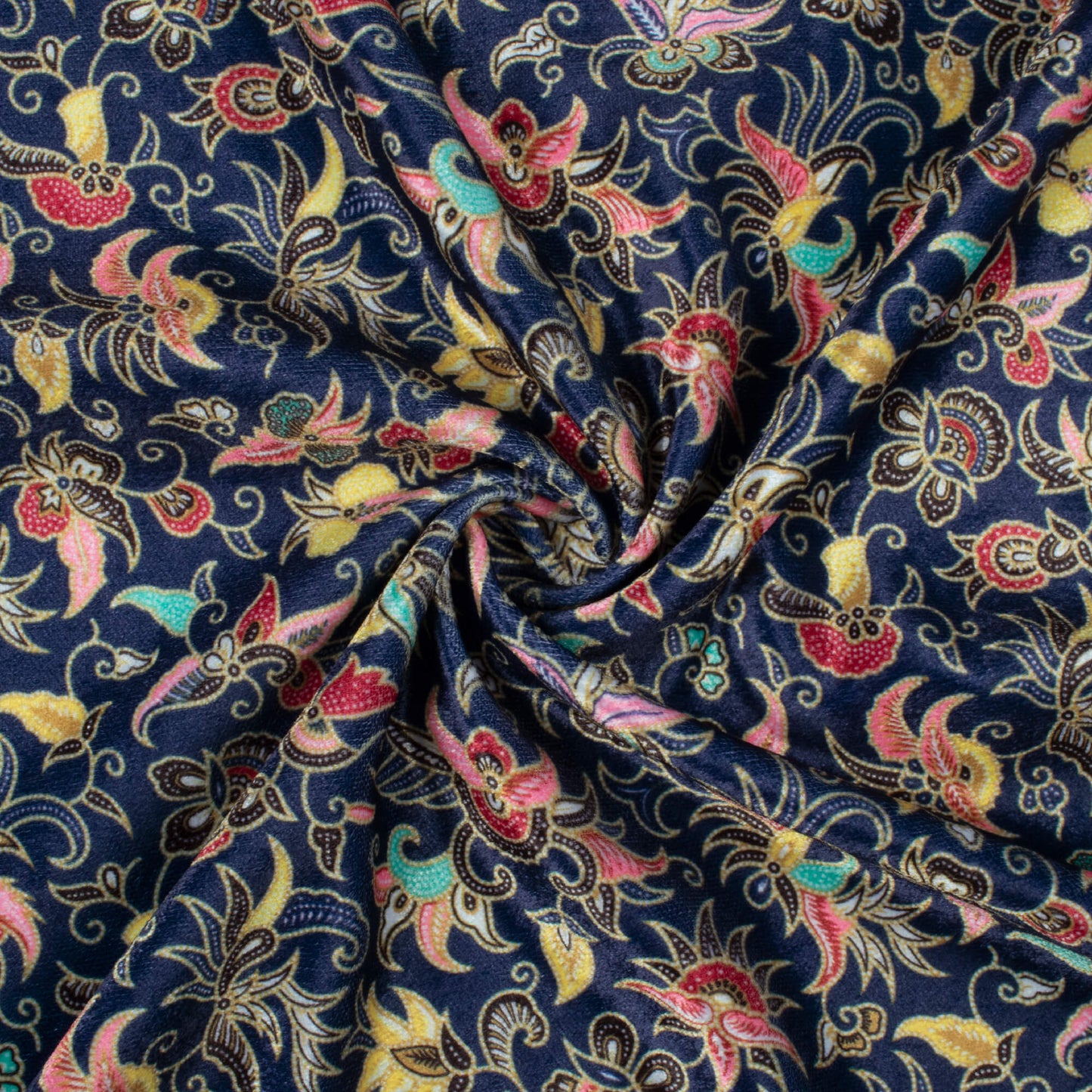 Navy Blue And Flamingo Pink Ethnic Pattern Digital Print Premium Velvet Fabric