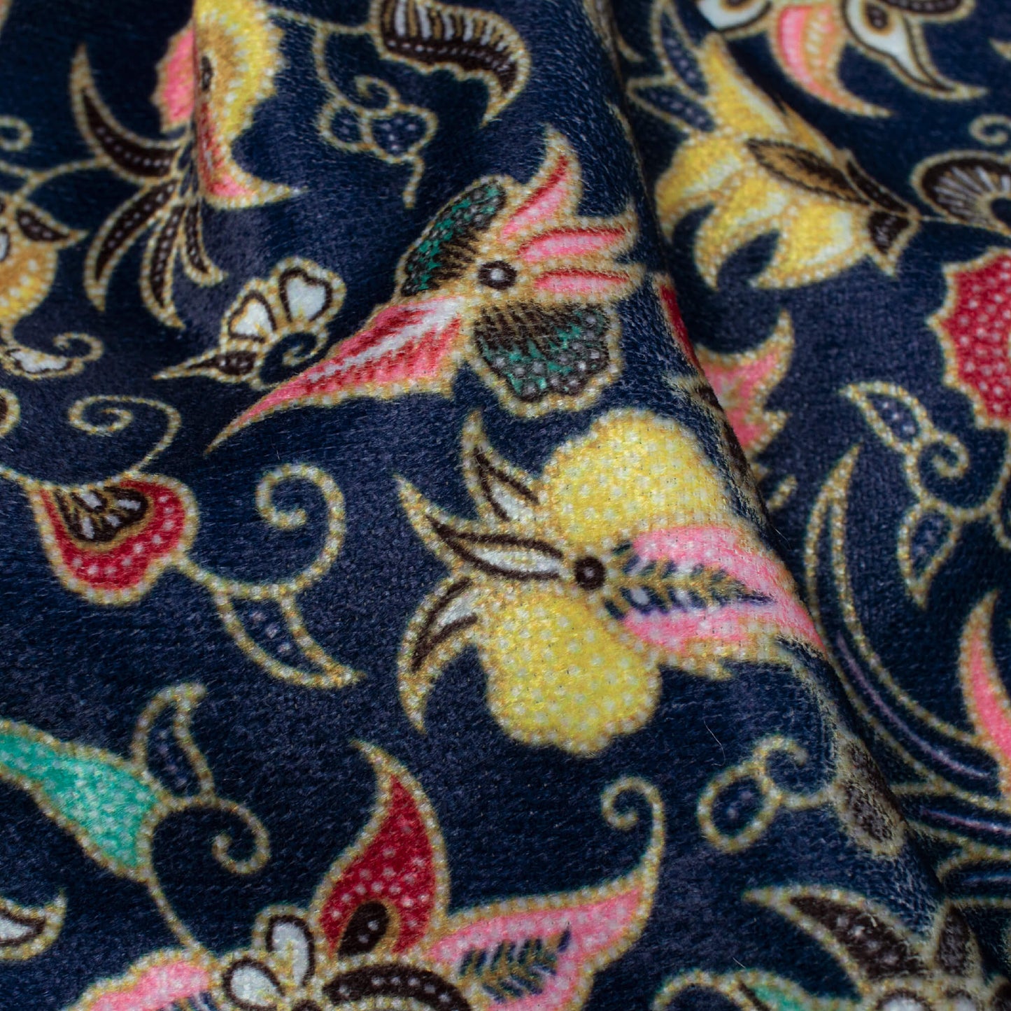 Navy Blue And Flamingo Pink Ethnic Pattern Digital Print Premium Velvet Fabric