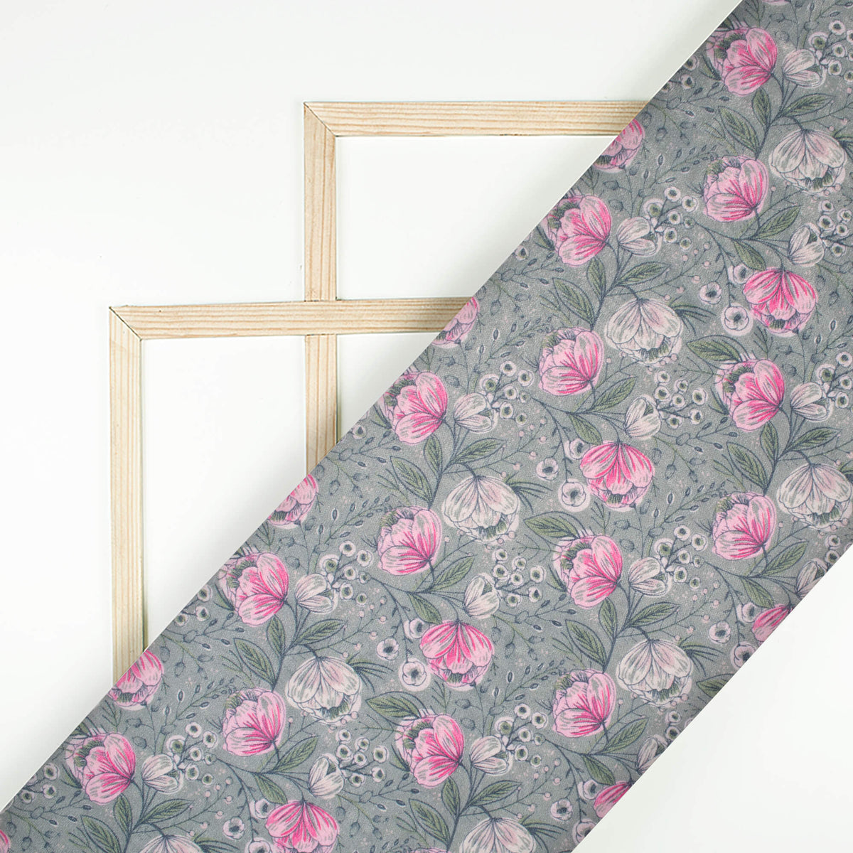 Slate Grey And Taffy Pink Floral Pattern Digital Print Premium Velvet Fabric