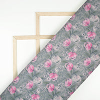 Slate Grey And Taffy Pink Floral Pattern Digital Print Premium Velvet Fabric