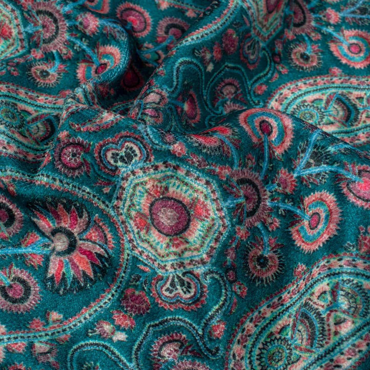 Dark Pine Green And Desire Red Paisley Pattern Digital Print Premium Velvet Fabric