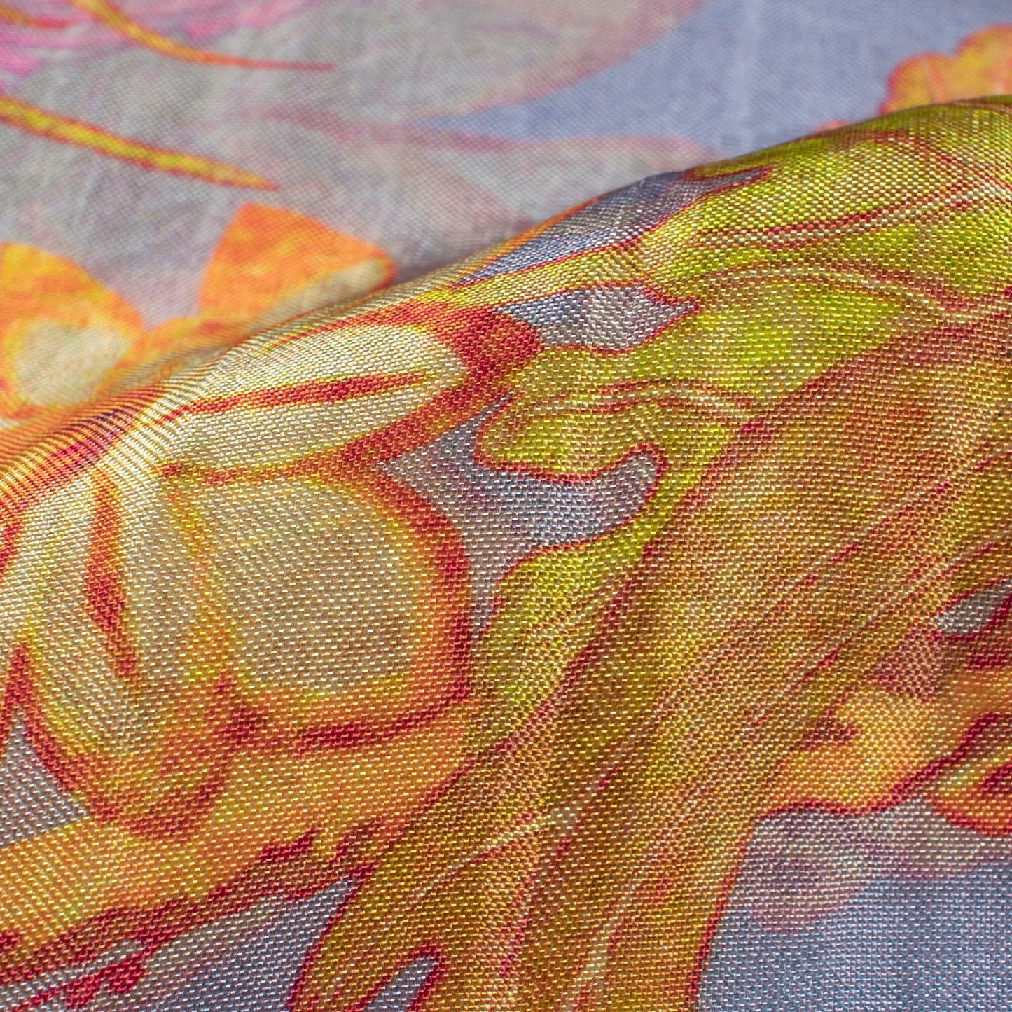 Heather Purple And Laguna Yellow Floral Pattern Digital Print Viscose Uppada Silk Fabric