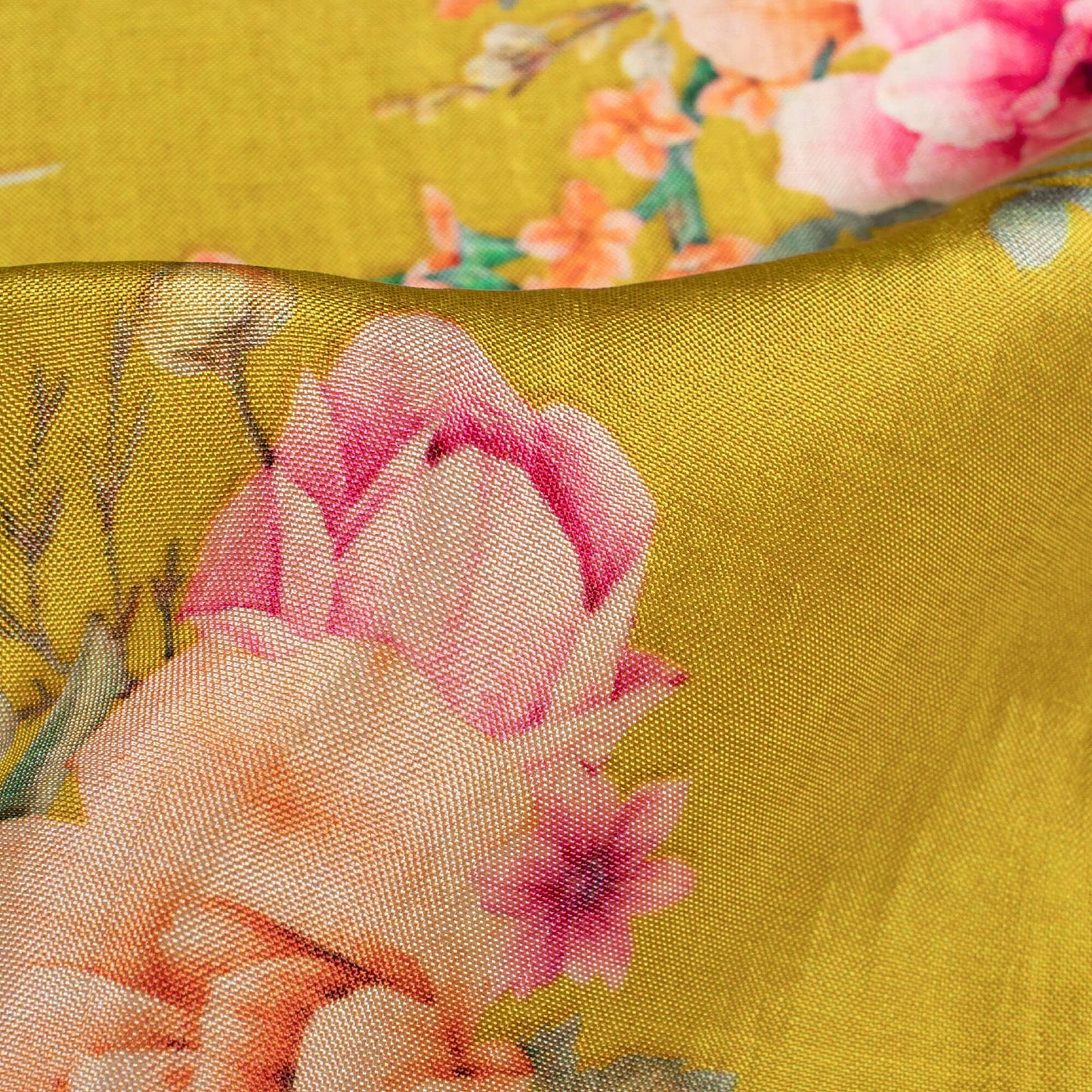 Ochre Yellow And Taffy Pink Floral Pattern Digital Print Viscose Uppada Silk Fabric