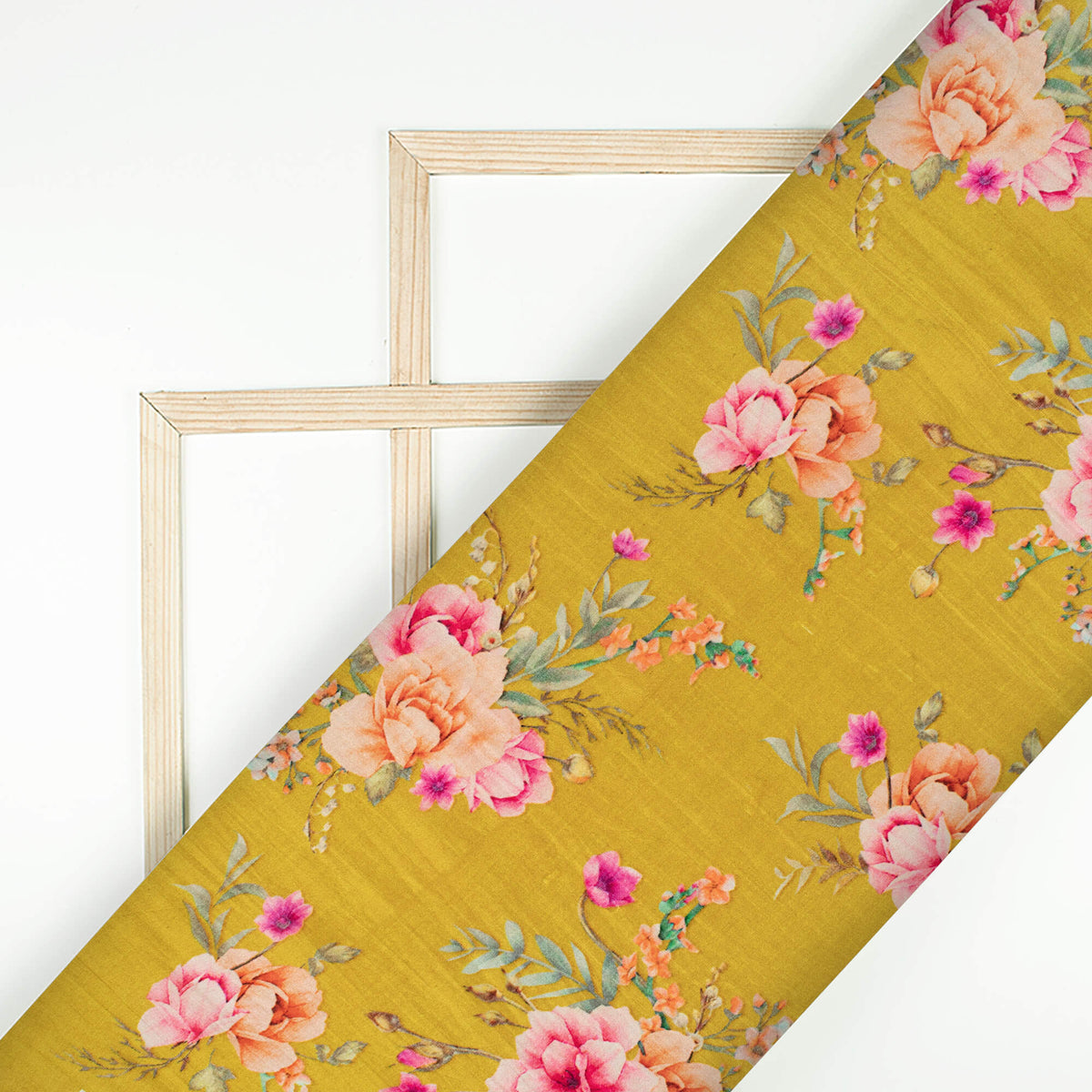 Ochre Yellow And Taffy Pink Floral Pattern Digital Print Viscose Uppada Silk Fabric