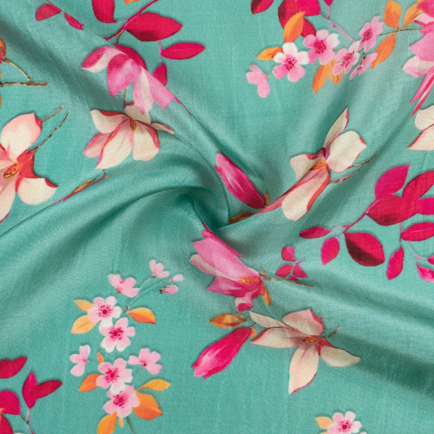 Aqua Blue And Magenta Pink Floral Pattern Digital Print Viscose Uppada Silk Fabric