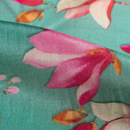 Aqua Blue And Magenta Pink Floral Pattern Digital Print Viscose Uppada Silk Fabric