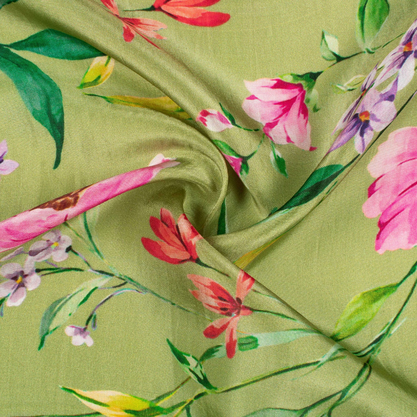 Moss Green And Taffy Pink Floral Pattern Digital Print Viscose Uppada Silk Fabric