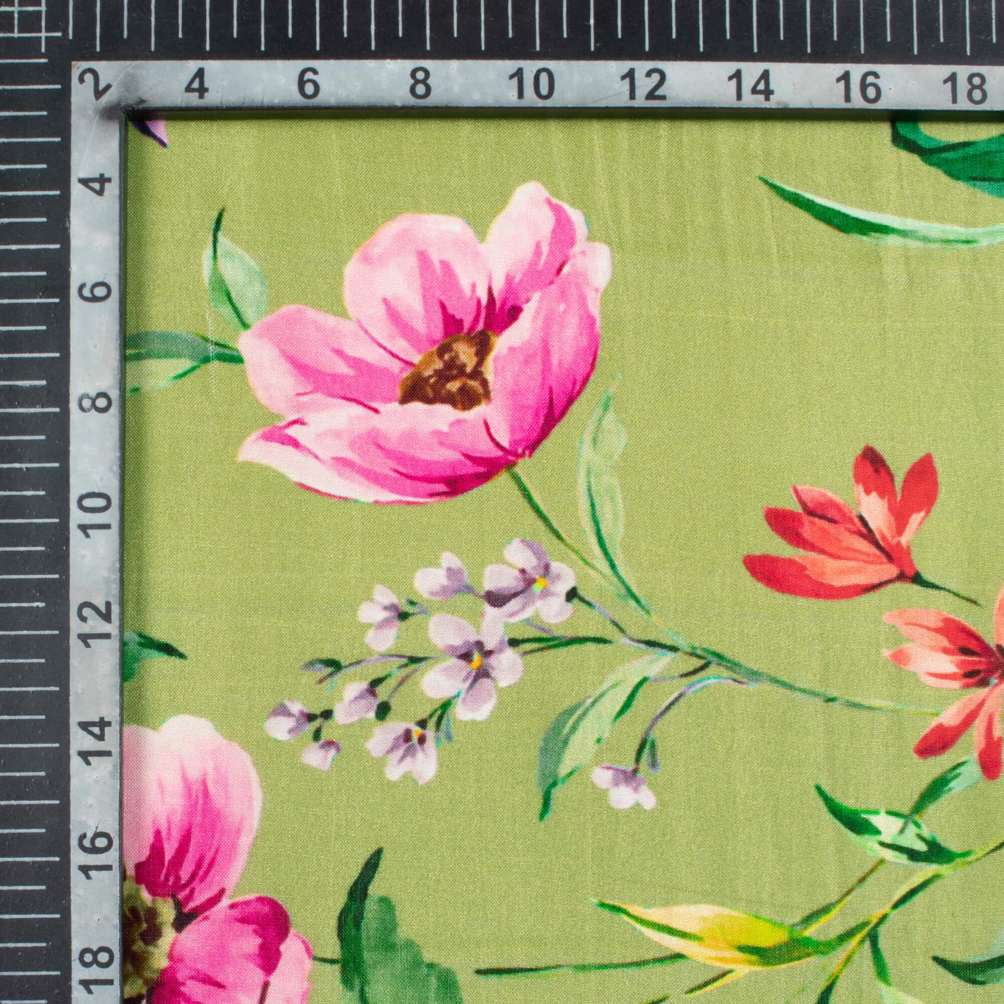 Moss Green And Taffy Pink Floral Pattern Digital Print Viscose Uppada Silk Fabric