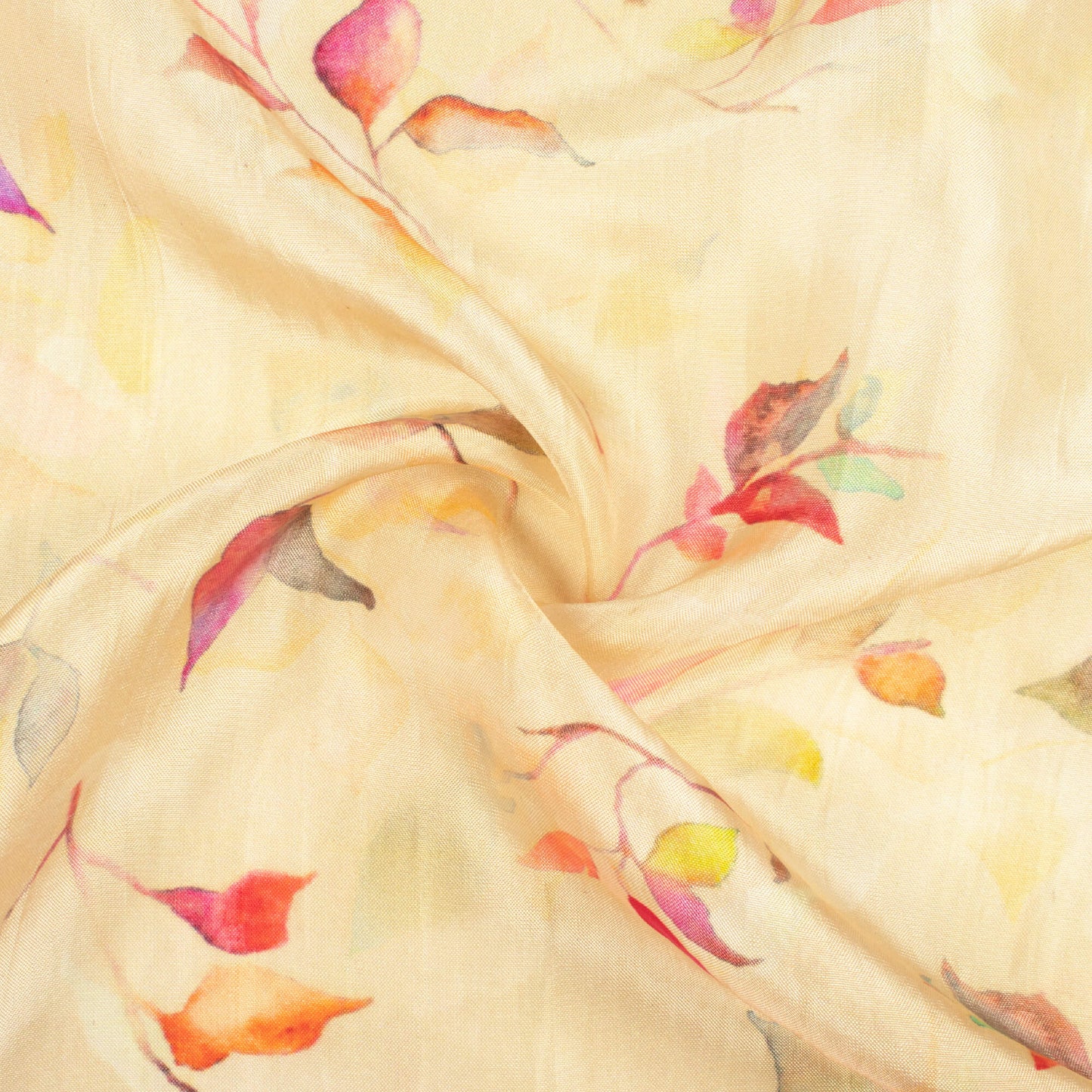 Pastel Yellow And Magenta Purple Leaf Pattern Digital Print Viscose Uppada Silk Fabric