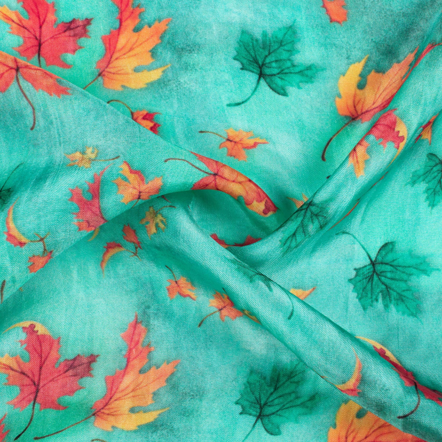 Aqua Blue And Burnt Orange Leaf Pattern Digital Print Viscose Uppada Silk Fabric