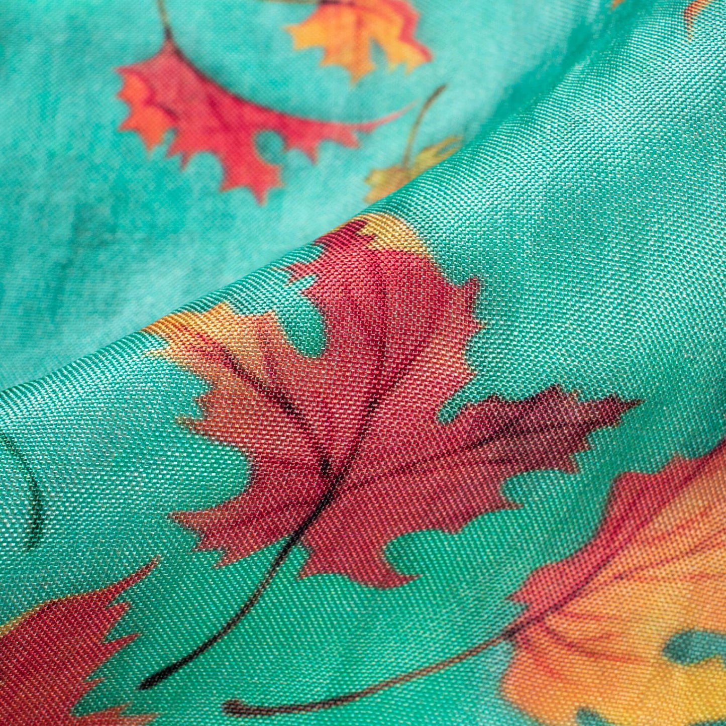 Aqua Blue And Burnt Orange Leaf Pattern Digital Print Viscose Uppada Silk Fabric