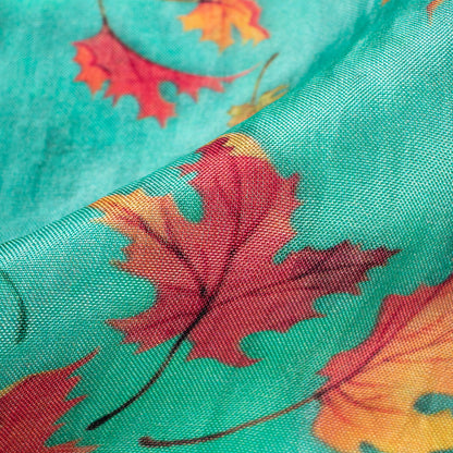 Aqua Blue And Burnt Orange Leaf Pattern Digital Print Viscose Uppada Silk Fabric