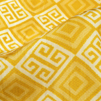 Ochre Yellow And Off White Traditional Pattern Digital Print Viscose Uppada Silk Fabric