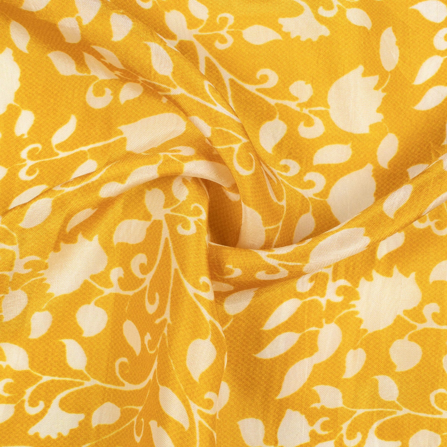 Ochre Yellow And Off White Leaf Pattern Digital Print Viscose Uppada Silk Fabric